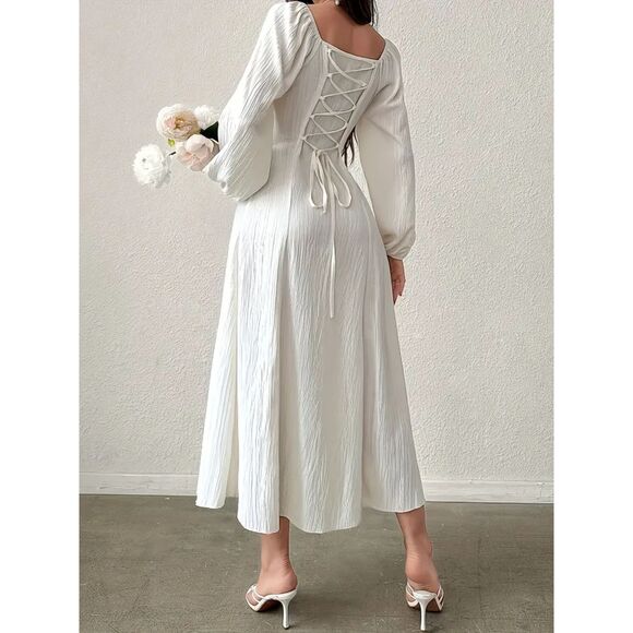 Size 12 Midi Dress Semi-Sheer Cross Tie Lantern Sleeve Drawstring Waist White - Picture 2 of 6